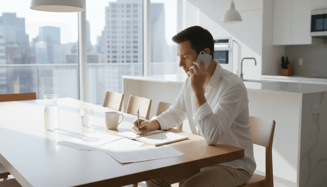 Person making a cleaning appointment while sitting at a bright kitchen table
