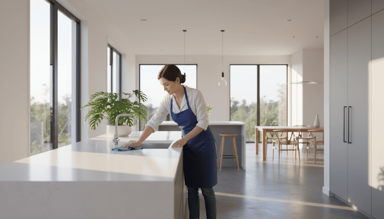 Professional cleaner wiping a kitchen counter in a bright, modern home