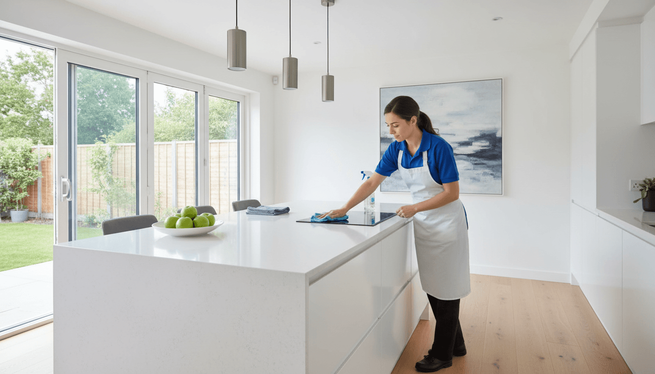 Professional cleaner wiping a kitchen counter in a bright modern home