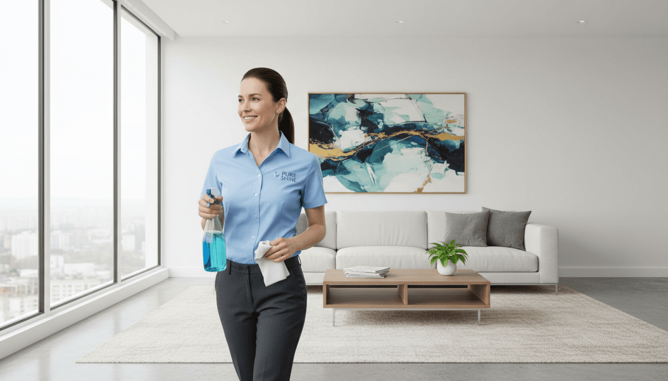 Professional cleaner with supplies in a bright modern living room