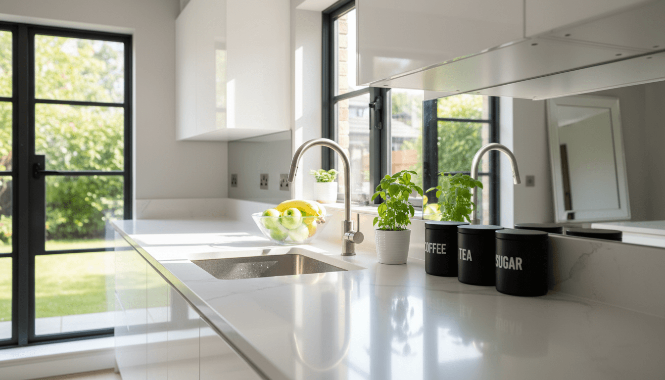 Bright modern kitchen with gleaming countertops after a deep clean