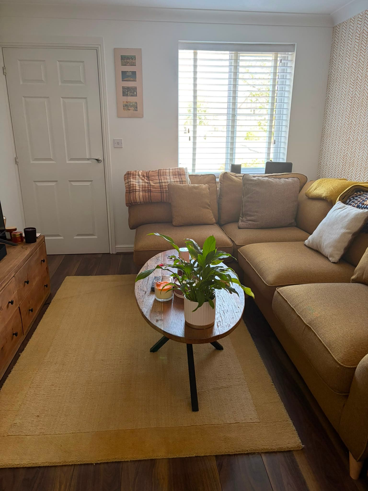 Cozy living room with tan sectional sofa, yellow rug, and plant on wooden coffee table.