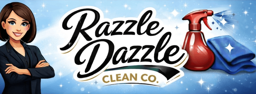 Razzle Dazzle Clean Co. logo with a woman, red spray bottle, and blue cleaning cloth.